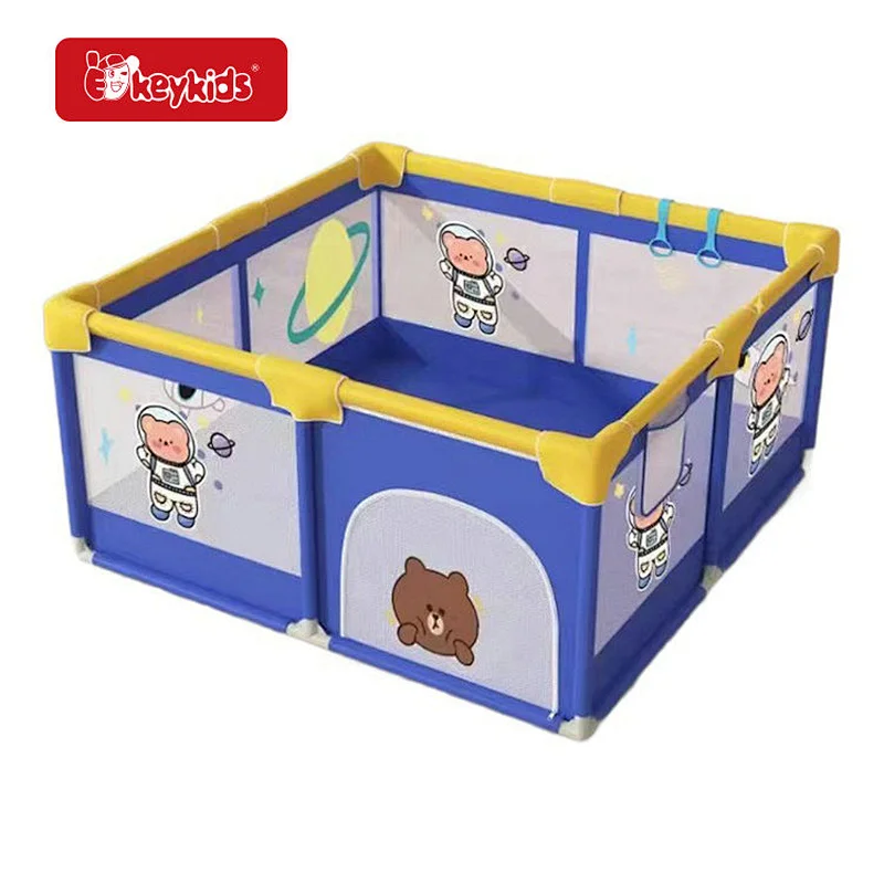 Blue & Yellow Space Playpen, Square Activity Center with Astronaut & Bear Prints for Toddler Safety W08M025